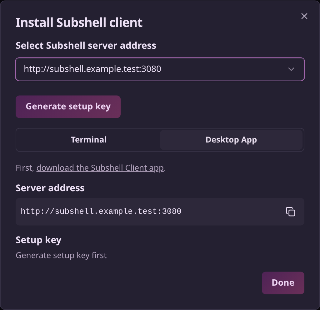 Add node instructions for connecting another machine with Subshell Client, a server address, and a setup key