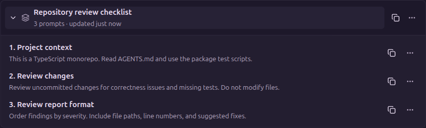A saved review checklist combining project context, review instructions, and report format in order