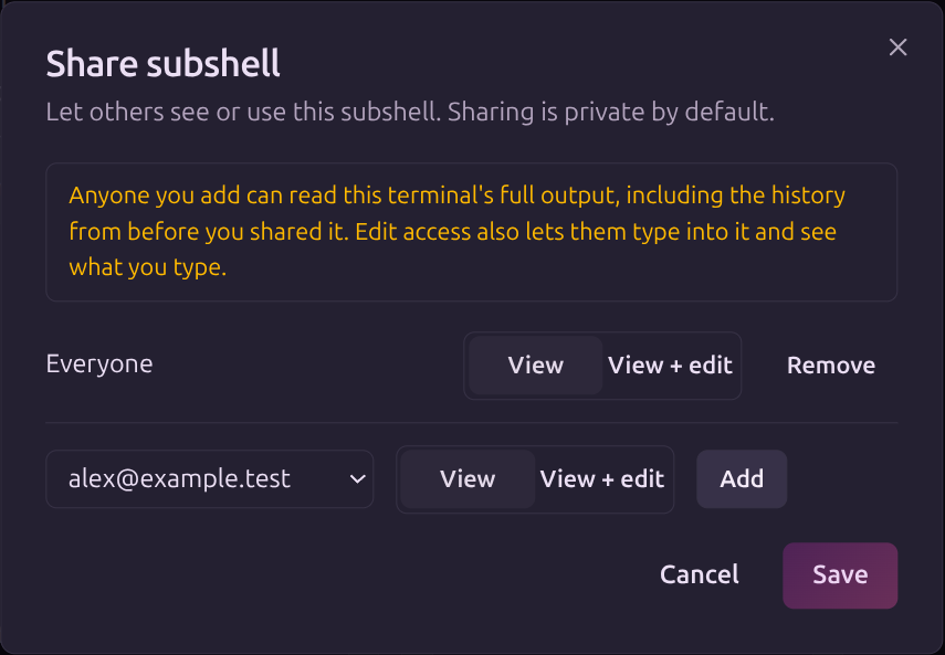 Session sharing dialog with separate View and View + edit permissions