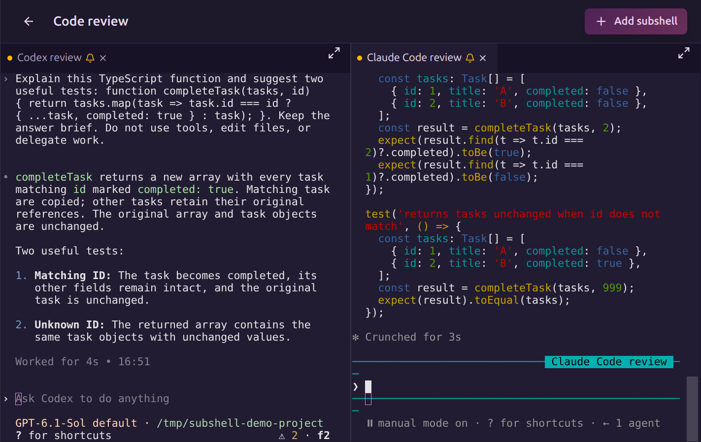 Codex and Claude Code reviewing code side by side in a Subshell workspace